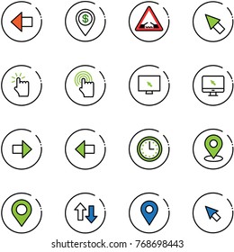 line vector icon set - left arrow vector, dollar pin, drawbridge road sign, cursor, hand touch, monitor, right, time, map, up down arrows, navigation