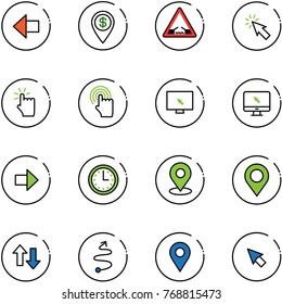 line vector icon set - left arrow vector, dollar pin, drawbridge road sign, cursor, hand touch, monitor, right, time, map, up down arrows, trip, navigation