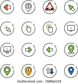 line vector icon set - left arrow vector, dollar pin, drawbridge road sign, cursor, hand touch, monitor, right, map, atm, up down arrows, navigation