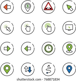 line vector icon set - left arrow vector, dollar pin, drawbridge road sign, cursor, hand touch, monitor, right, time, map, up down arrows, trip, navigation