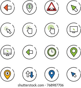 line vector icon set - left arrow vector, dollar pin, drawbridge road sign, cursor, hand touch, monitor, time, map, atm, up down arrows, navigation