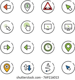 line vector icon set - left arrow vector, dollar pin, drawbridge road sign, cursor, hand, monitor, right, time, map, atm, up down arrows, trip