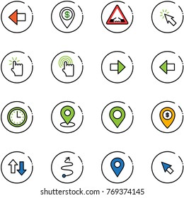 line vector icon set - left arrow vector, dollar pin, drawbridge road sign, cursor, hand touch, right, time, map, atm, up down arrows, trip, navigation