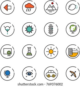 line vector icon set - left arrow vector, storm, mountains, lemon, bladder, sun, spica, globe, certificate, chess queen, hotel, eye scanner, car, bow