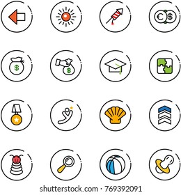 line vector icon set - left arrow vector, sun, firework rocket, euro dollar, money bag, encashment, graduate hat, puzzle, star medal, flying man, shell, chevron, pyramid toy, beanbag, basketball