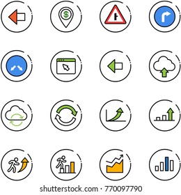 line vector icon set - left arrow vector, dollar pin, intersection road sign, only right, detour, cursor browser, upload cloud, refresh, growth, career, chart