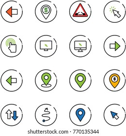 line vector icon set - left arrow vector, dollar pin, drawbridge road sign, cursor, hand, monitor, right, map, atm, up down arrows, trip, navigation