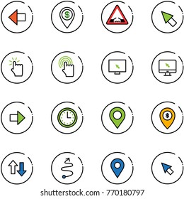 line vector icon set - left arrow vector, dollar pin, drawbridge road sign, cursor, hand touch, monitor, right, time, map, atm, up down arrows, trip, navigation