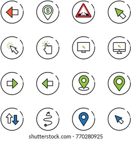 line vector icon set - left arrow vector, dollar pin, drawbridge road sign, cursor, hand touch, monitor, right, map, up down arrows, trip, navigation
