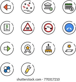 line vector icon set - left arrow vector, christmas sale, account, calendar, annual report, railway intersection road sign, limited distance, detour, right, star medal, bank building, mat, atom core