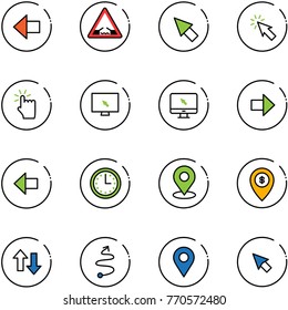 line vector icon set - left arrow vector, drawbridge road sign, cursor, hand touch, monitor, right, time, map pin, atm, up down arrows, trip, navigation