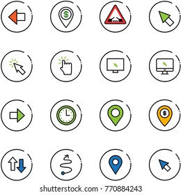 line vector icon set - left arrow vector, dollar pin, drawbridge road sign, cursor, hand touch, monitor, right, time, map, atm, up down arrows, trip, navigation