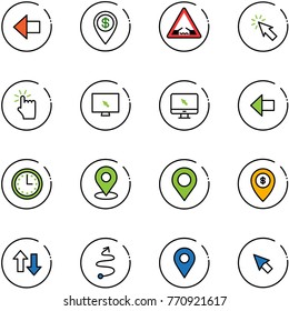 line vector icon set - left arrow vector, dollar pin, drawbridge road sign, cursor, hand touch, monitor, time, map, atm, up down arrows, trip, navigation