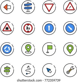 line vector icon set - left arrow vector, road signpost sign, giving way, turn right, tunnel, limited height, only forward, detour, circle, map pin, flag, trip, cursor, wrench