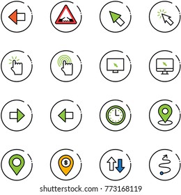 line vector icon set - left arrow vector, drawbridge road sign, cursor, hand touch, monitor, right, time, map pin, atm, up down arrows, trip