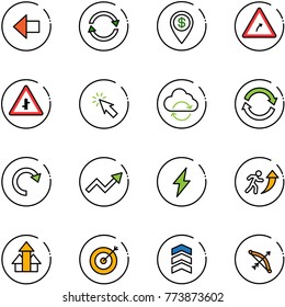 line vector icon set - left arrow vector, exchange, dollar pin, turn right road sign, intersection, cursor, refresh cloud, redo, growth, lightning, career, arrows up, target, chevron, bow