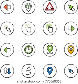 line vector icon set - left arrow vector, dollar pin, drawbridge road sign, cursor, hand touch, right, time, map, atm, up down arrows, trip, navigation