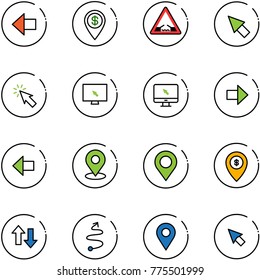 line vector icon set - left arrow vector, dollar pin, drawbridge road sign, cursor, monitor, right, map, atm, up down arrows, trip, navigation