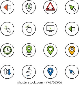 line vector icon set - left arrow vector, dollar pin, drawbridge road sign, cursor, hand touch, monitor, time, map, atm, up down arrows, trip, navigation