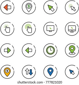 line vector icon set - left arrow vector, dollar pin, cursor, hand touch, monitor, right, time, map, atm, up down arrows, navigation