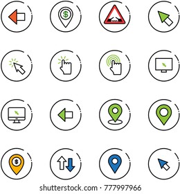 line vector icon set - left arrow vector, dollar pin, drawbridge road sign, cursor, hand touch, monitor, map, atm, up down arrows, navigation