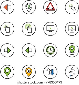 line vector icon set - left arrow vector, dollar pin, drawbridge road sign, cursor, hand touch, monitor, right, time, map, atm, up down arrows, trip