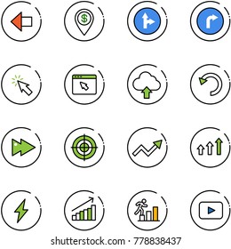 line vector icon set - left arrow vector, dollar pin, only forward right road sign, cursor, browser, upload cloud, undo, fast, target, growth, arrows up, lightning, career, playback