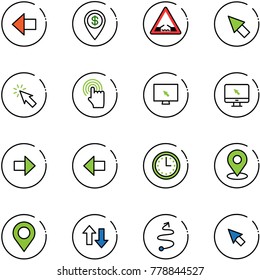 line vector icon set - left arrow vector, dollar pin, drawbridge road sign, cursor, hand, monitor, right, time, map, up down arrows, trip