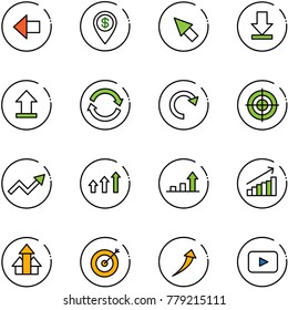 line vector icon set - left arrow vector, dollar pin, cursor, download, uplooad, refresh, redo, target, growth, arrows up, playback