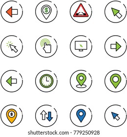 line vector icon set - left arrow vector, dollar pin, drawbridge road sign, cursor, hand, monitor, right, time, map, atm, up down arrows, navigation