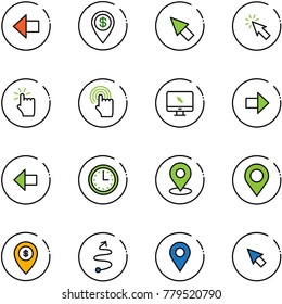 line vector icon set - left arrow vector, dollar pin, cursor, hand touch, monitor, right, time, map, atm, trip, navigation