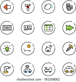 line vector icon set - left arrow vector, holly, lemon, coin, dollar, cash, website, fast forward, bulb, lounger, wireless home, screw, drill, car toy, baby