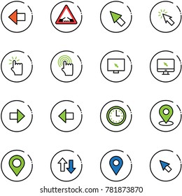 line vector icon set - left arrow vector, drawbridge road sign, cursor, hand touch, monitor, right, time, map pin, up down arrows, navigation