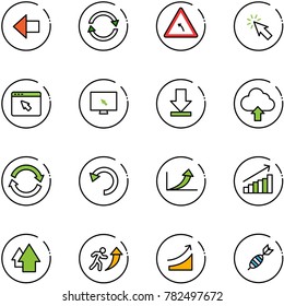 line vector icon set - left arrow vector, exchange, turn road sign, cursor, browser, monitor, download, upload cloud, refresh, undo, growth, up, career, rise, dart