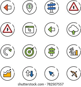 line vector icon set - left arrow vector, dollar pin, road signpost sign, intersection, cursor browser, upload cloud, redo, target, career, growth, up down arrows, bow