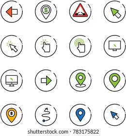 line vector icon set - left arrow vector, dollar pin, drawbridge road sign, cursor, hand touch, monitor, right, map, atm, trip, navigation