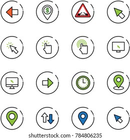 line vector icon set - left arrow vector, dollar pin, drawbridge road sign, cursor, hand touch, monitor, right, time, map, up down arrows, navigation