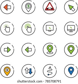 line vector icon set - left arrow vector, dollar pin, drawbridge road sign, cursor, hand touch, monitor, right, map, atm, up down arrows, trip, navigation