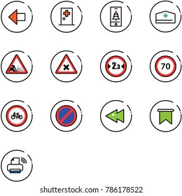 line vector icon set - left arrow vector, first aid room, christmas mobile, doctor hat, gravel road sign, railway intersection, limited width, speed limit 70, no bike, parking, fast backward, flag