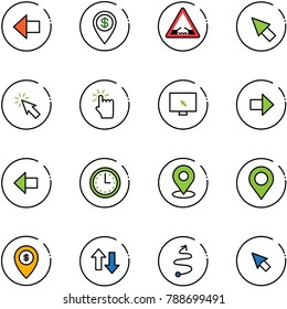 line vector icon set - left arrow vector, dollar pin, drawbridge road sign, cursor, hand touch, monitor, right, time, map, atm, up down arrows, trip