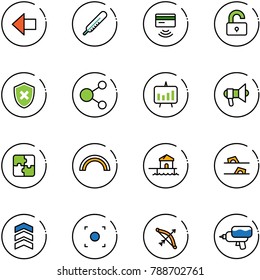 line vector icon set - left arrow vector, thermometer, tap pay, unlocked, shield cross, share, presentation chart, megaphone, puzzle, rainbow, bungalow, flip flops, chevron, record button, bow