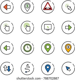 line vector icon set - left arrow vector, dollar pin, drawbridge road sign, cursor, hand touch, monitor, right, time, map, atm, up down arrows, trip, navigation