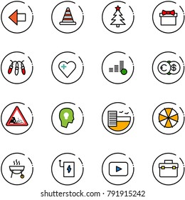 line vector icon set - left arrow vector, road cone, christmas tree, gift, garland, heart, coin, euro dollar, gravel sign, head bulb, hotel, parasol, grill, power bank, playback, tool box