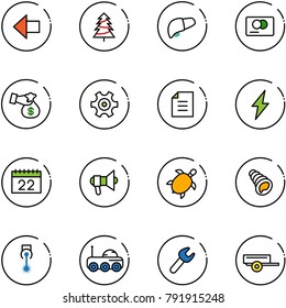 line vector icon set - left arrow vector, christmas tree, liver, credit card, encashment, gear, document, lightning, calendar, megaphone, sea turtle, shell, laser, moon rover, wrench, trailer