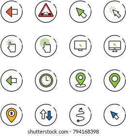 line vector icon set - left arrow vector, drawbridge road sign, cursor, hand touch, monitor, time, map pin, atm, up down arrows, trip