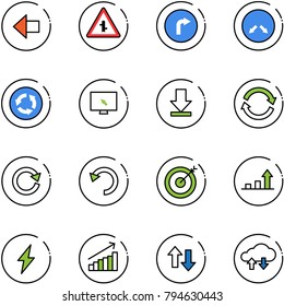 line vector icon set - left arrow vector, intersection road sign, only right, detour, circle, monitor cursor, download, refresh, reload, undo, target, growth, lightning, up down arrows