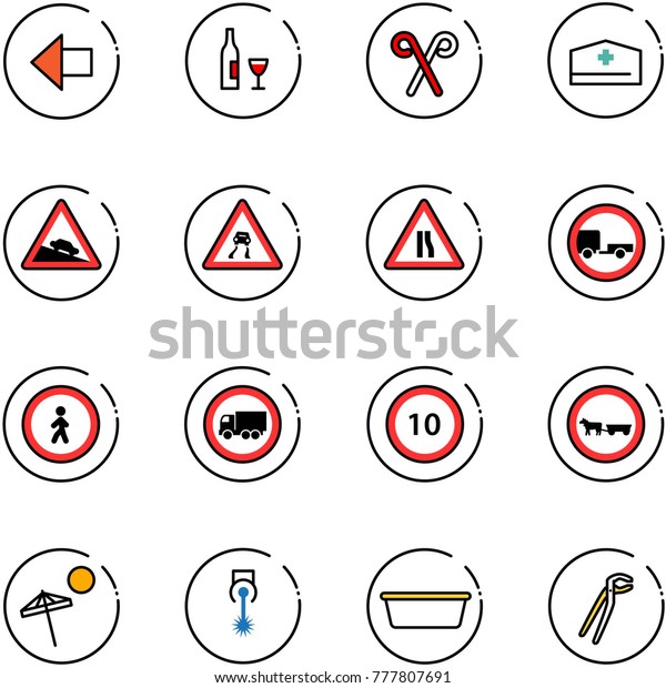 line vector icon set - left arrow vector, wine,\
santa stick, doctor hat, steep descent road sign, slippery,\
narrows, no trailer, pedestrian, truck, speed limit 10, cart horse,\
beach, laser, basin