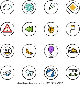 line vector icon set - lemon vector, slice, money torch, main road sign, traffic light, fast backward, moon flag, king, smile, banana, balloon, excavator toy, horn, horse, beach ball, bus