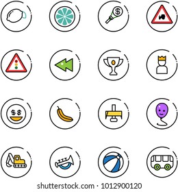 line vector icon set - lemon vector, slice, money torch, tractor way road sign, traffic light, fast backward, gold cup, king, smile, banana, milling cutter, balloon, excavator toy, horn, beach ball