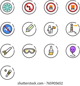 line vector icon set - lemon slice vector, no left turn road sign, dangerous cargo, end minimal speed limit, highlight marker, win, lighthouse, saw, protective glasses, brush, balloon smile